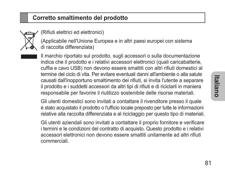 Corretto smaltimento del prodotto, Italiano | Samsung BHM3500 User Manual | Page 84 / 143