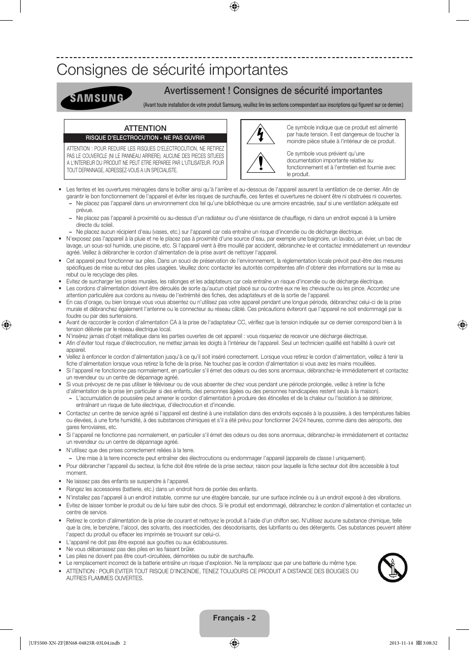 Consignes de sécurité importantes, Avertissement ! consignes de sécurité importantes | Samsung UE32F5500AW User Manual | Page 22 / 81