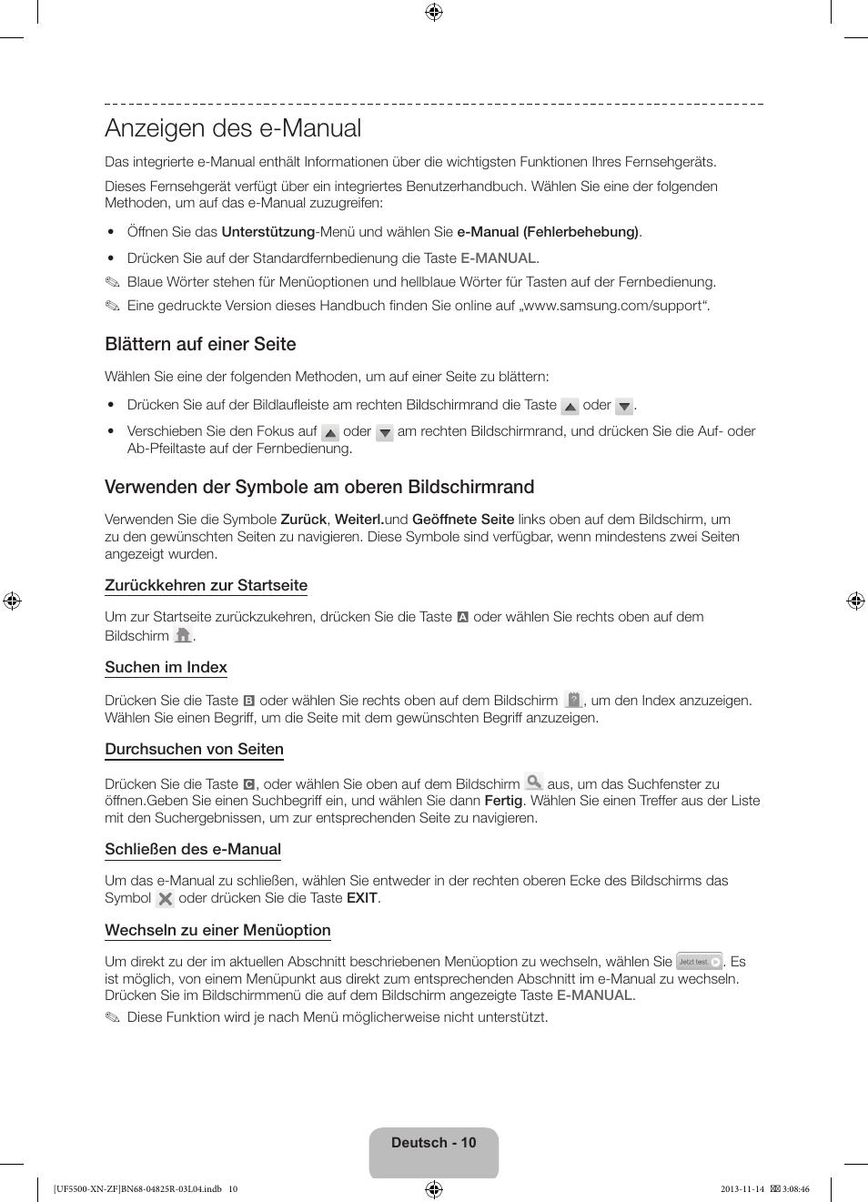 Anzeigen des e-manual, Blättern auf einer seite, Verwenden der symbole am oberen bildschirmrand | Samsung UE32F5500AW User Manual | Page 50 / 81
