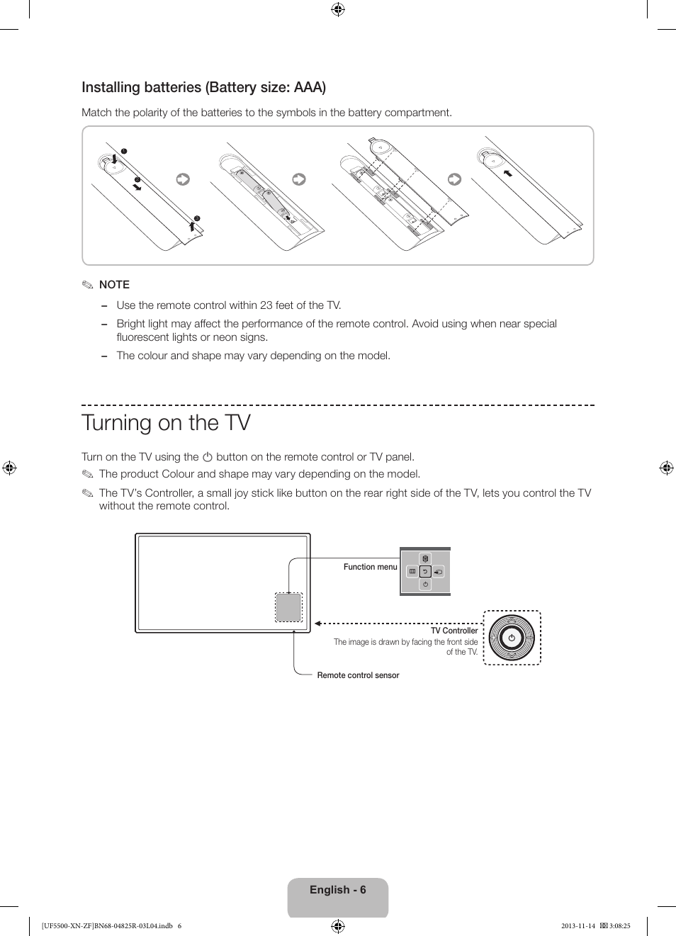 Turning on the tv, Installing batteries (battery size: aaa) | Samsung UE32F5500AW User Manual | Page 6 / 81
