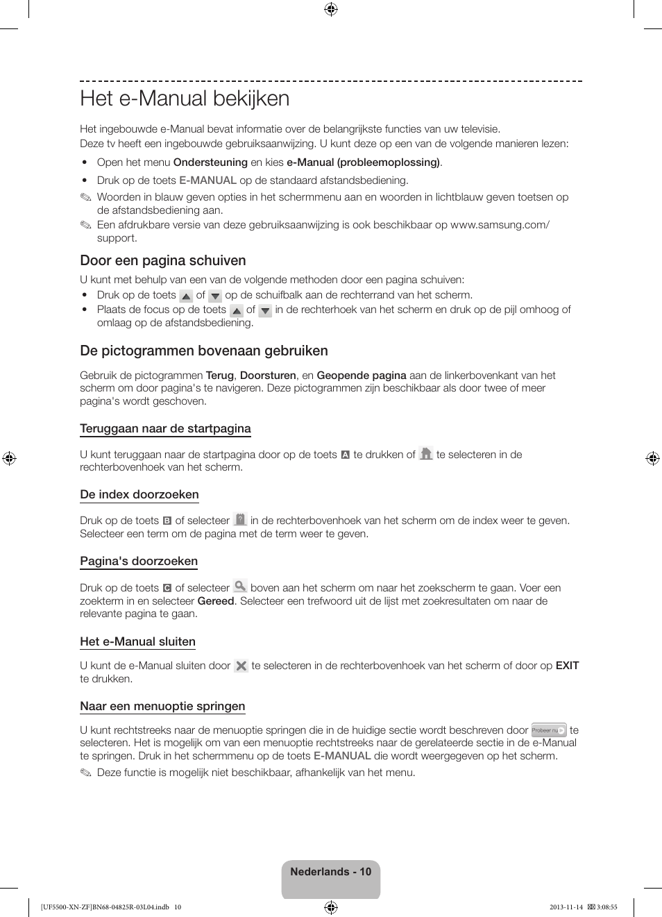 Het e-manual bekijken, Door een pagina schuiven, De pictogrammen bovenaan gebruiken | Samsung UE32F5500AW User Manual | Page 70 / 81