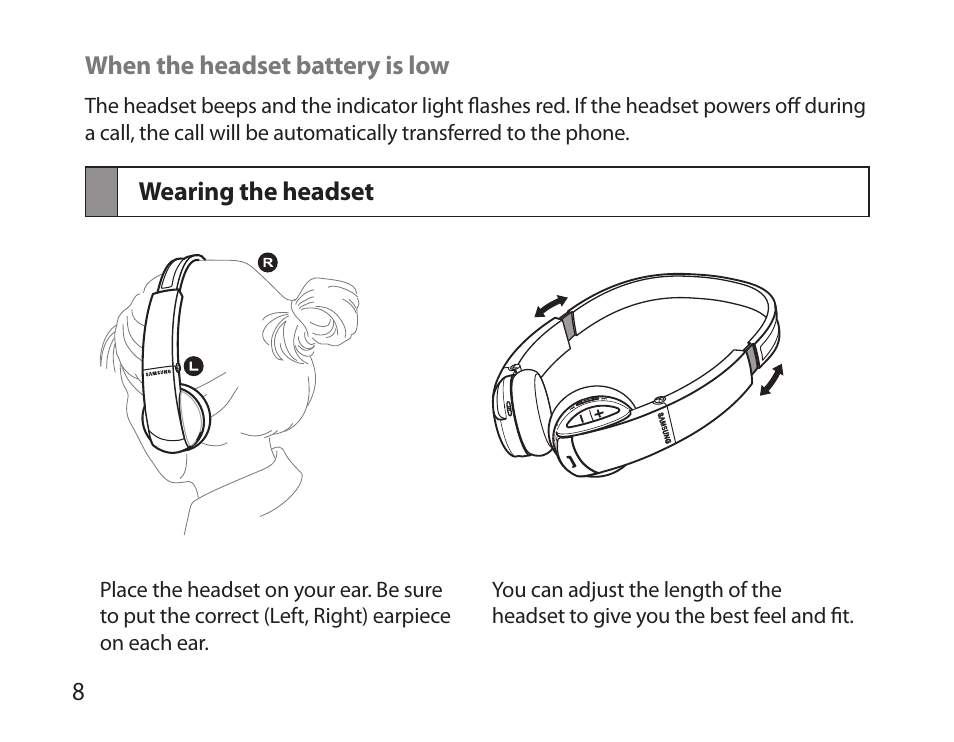 Wearing the headset | Samsung BHS6000 User Manual | Page 10 / 184