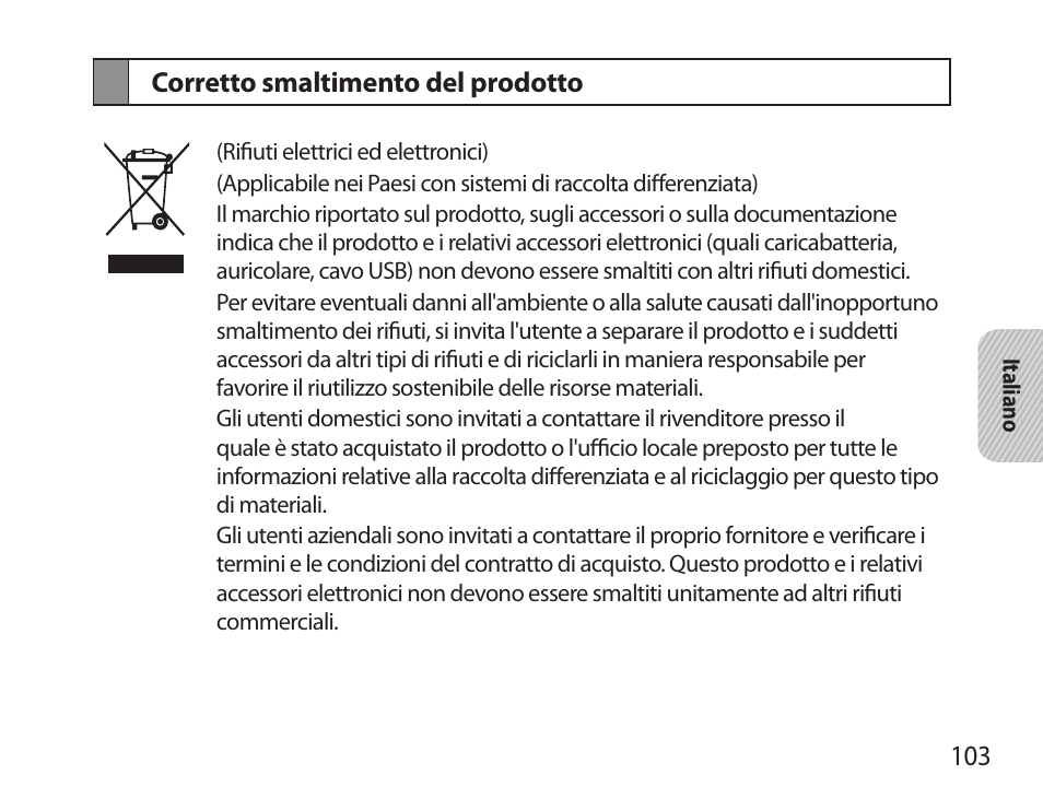 Corretto smaltimento del prodotto | Samsung BHS6000 User Manual | Page 105 / 184