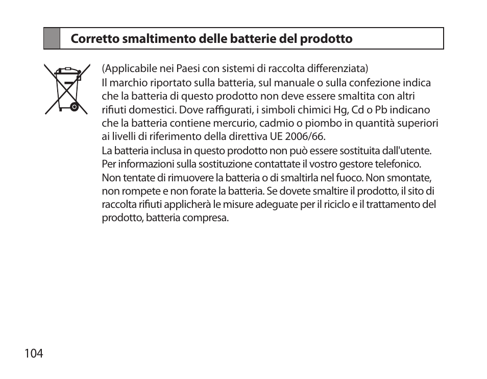 Corretto smaltimento delle batterie del prodotto | Samsung BHS6000 User Manual | Page 106 / 184