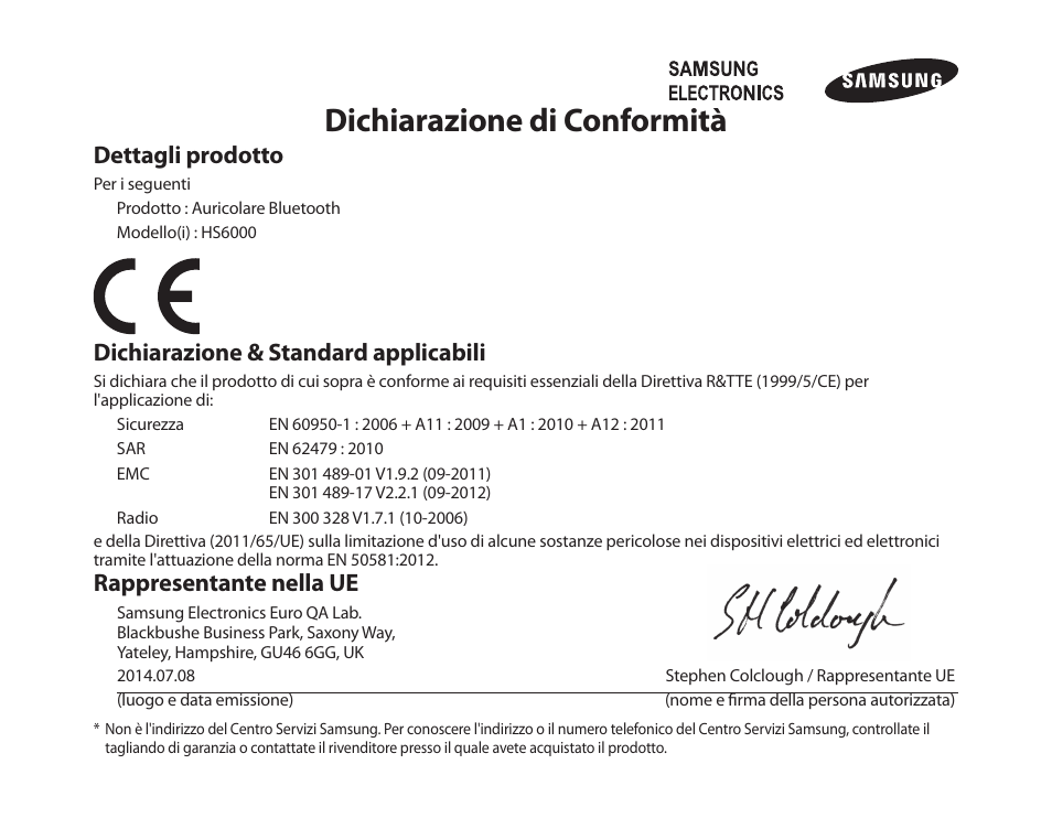 Dichiarazione di conformità, Dettagli prodotto, Dichiarazione & standard applicabili | Rappresentante nella ue | Samsung BHS6000 User Manual | Page 107 / 184