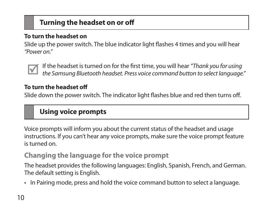 Turning the headset on or off, Using voice prompts | Samsung BHS6000 User Manual | Page 12 / 184