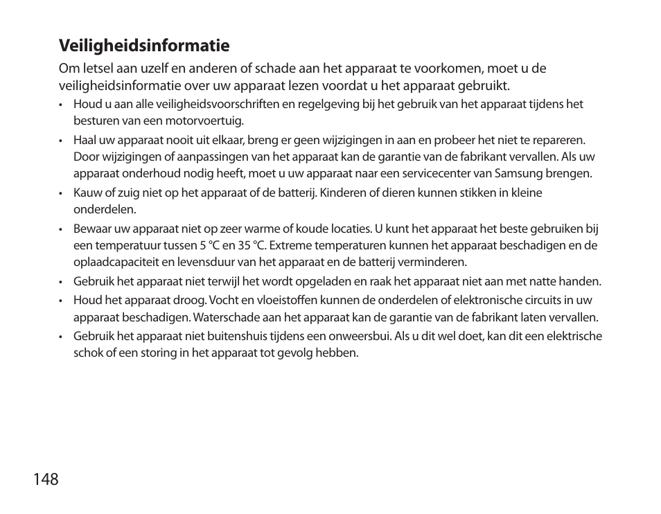 Veiligheidsinformatie, 148 veiligheidsinformatie | Samsung BHS6000 User Manual | Page 150 / 184