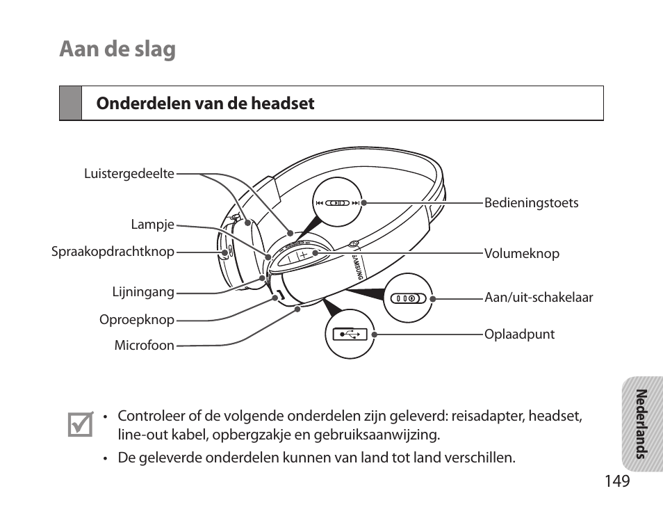 Aan de slag, Onderdelen van de headset | Samsung BHS6000 User Manual | Page 151 / 184