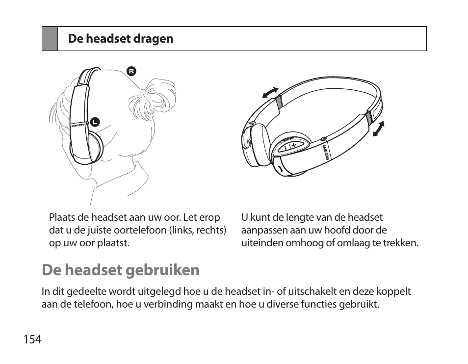 De headset dragen, De headset gebruiken | Samsung BHS6000 User Manual | Page 156 / 184