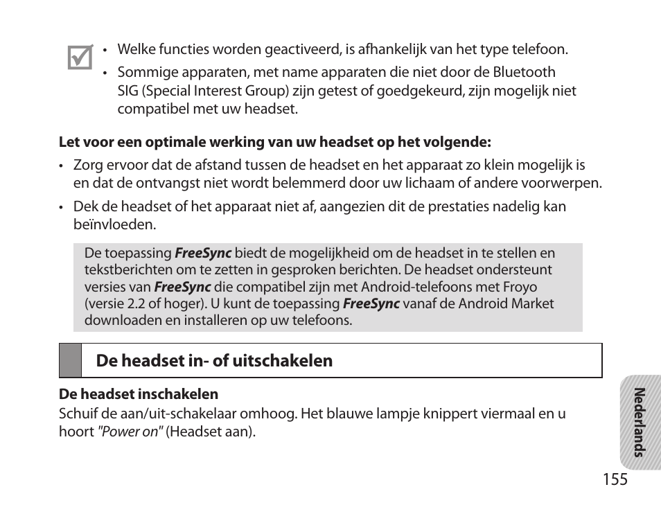 De headset in- of uitschakelen | Samsung BHS6000 User Manual | Page 157 / 184