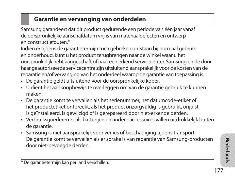 Garantie en vervanging van onderdelen | Samsung BHS6000 User Manual | Page 179 / 184