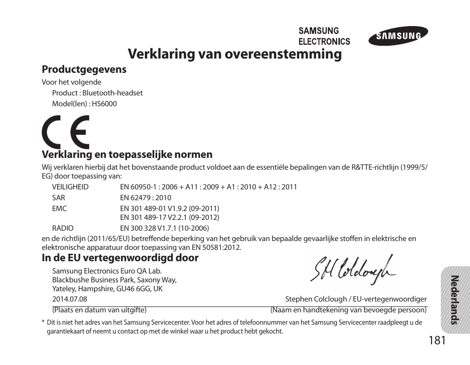 Verklaring van overeenstemming, Neder lands, Productgegevens | Verklaring en toepasselijke normen | Samsung BHS6000 User Manual | Page 183 / 184
