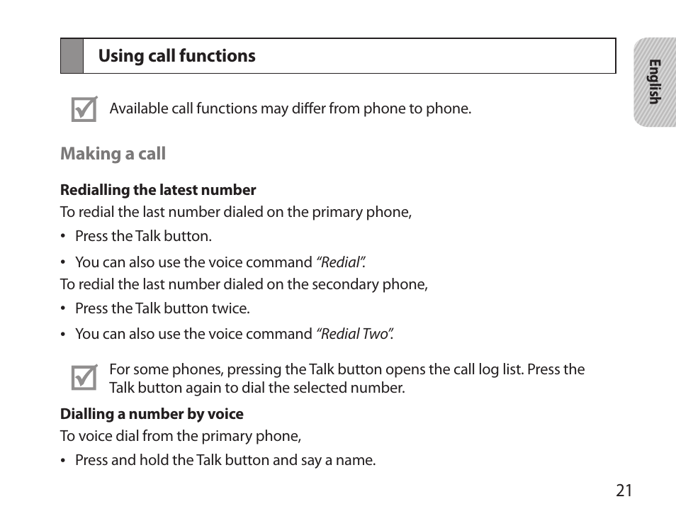 Using call functions | Samsung BHS6000 User Manual | Page 23 / 184