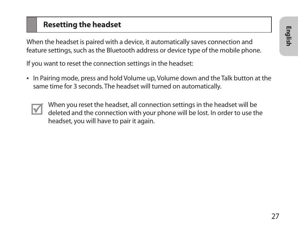 Resetting the headset | Samsung BHS6000 User Manual | Page 29 / 184