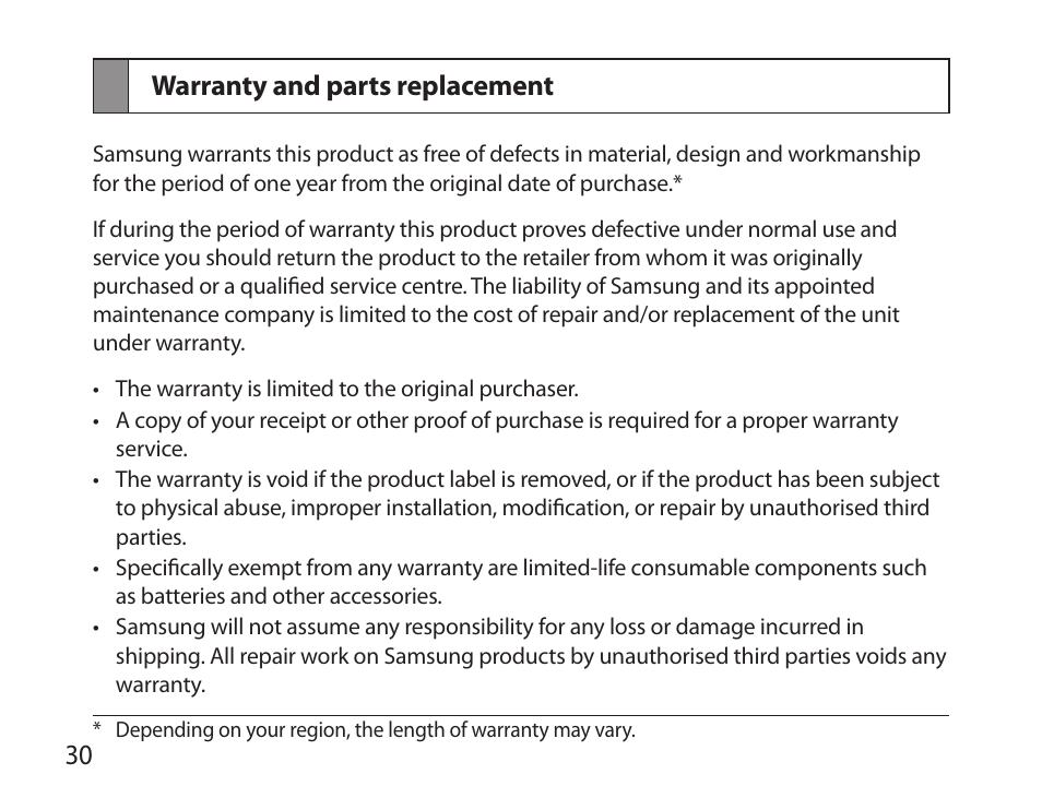 Warranty and parts replacement, 30 warranty and parts replacement | Samsung BHS6000 User Manual | Page 32 / 184