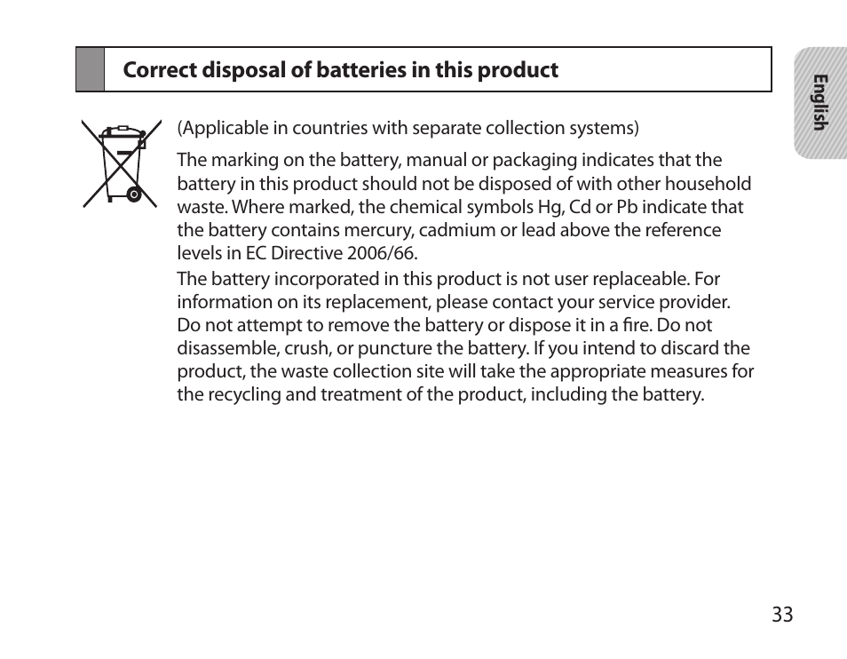 Correct disposal of batteries in this product | Samsung BHS6000 User Manual | Page 35 / 184