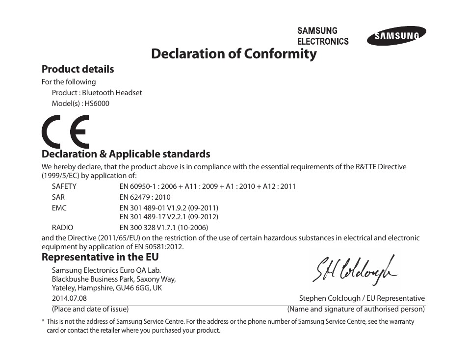 Declaration of conformity, Product details, Declaration & applicable standards | Representative in the eu | Samsung BHS6000 User Manual | Page 36 / 184