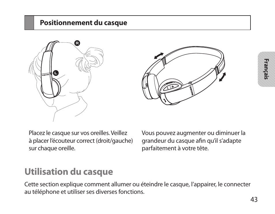 Positionnement du casque, Utilisation du casque | Samsung BHS6000 User Manual | Page 45 / 184