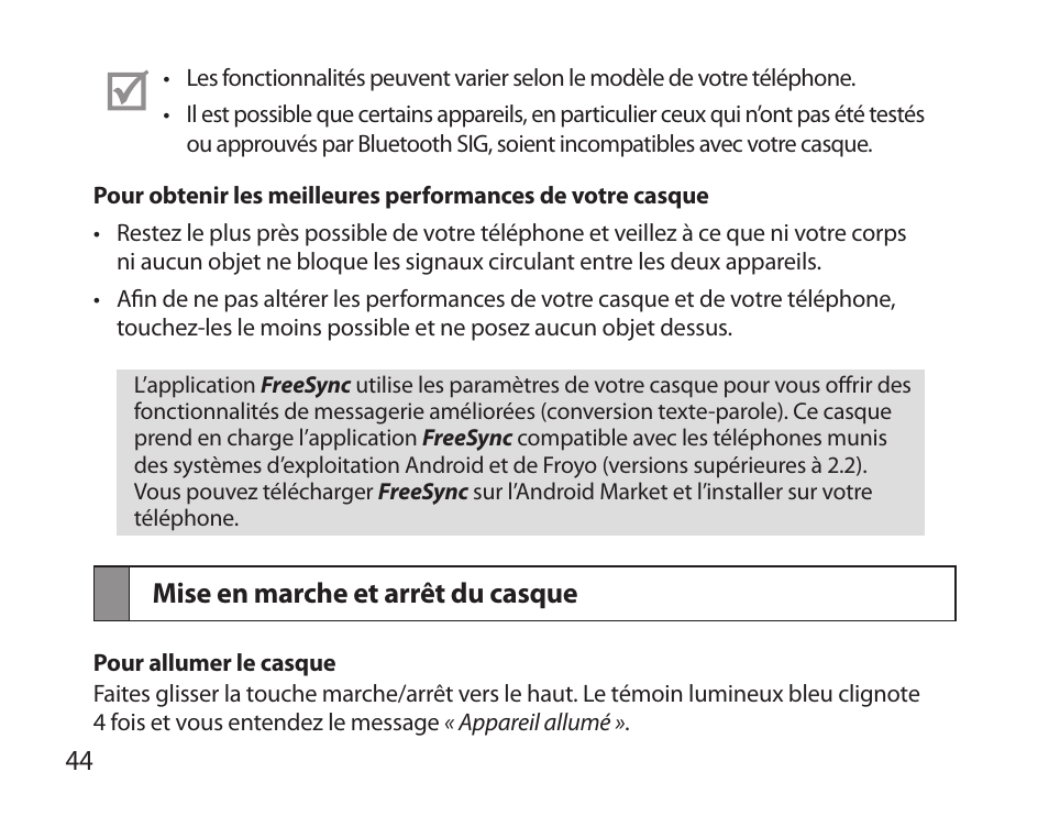 Mise en marche et arrêt du casque | Samsung BHS6000 User Manual | Page 46 / 184