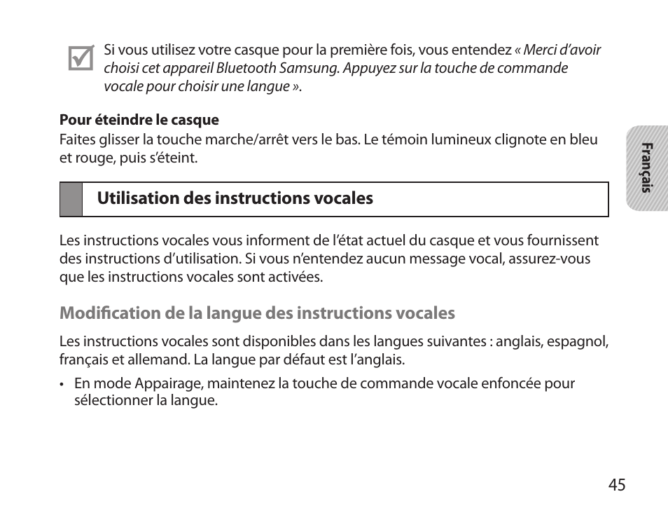 Utilisation des instructions vocales | Samsung BHS6000 User Manual | Page 47 / 184