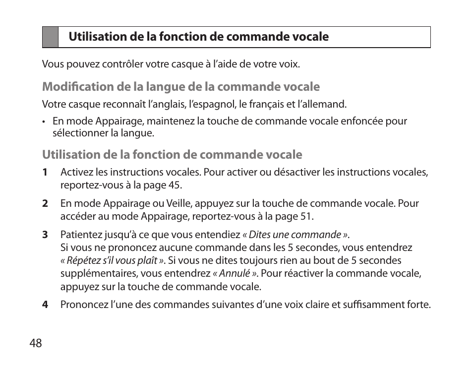 Utilisation de la fonction de commande vocale | Samsung BHS6000 User Manual | Page 50 / 184