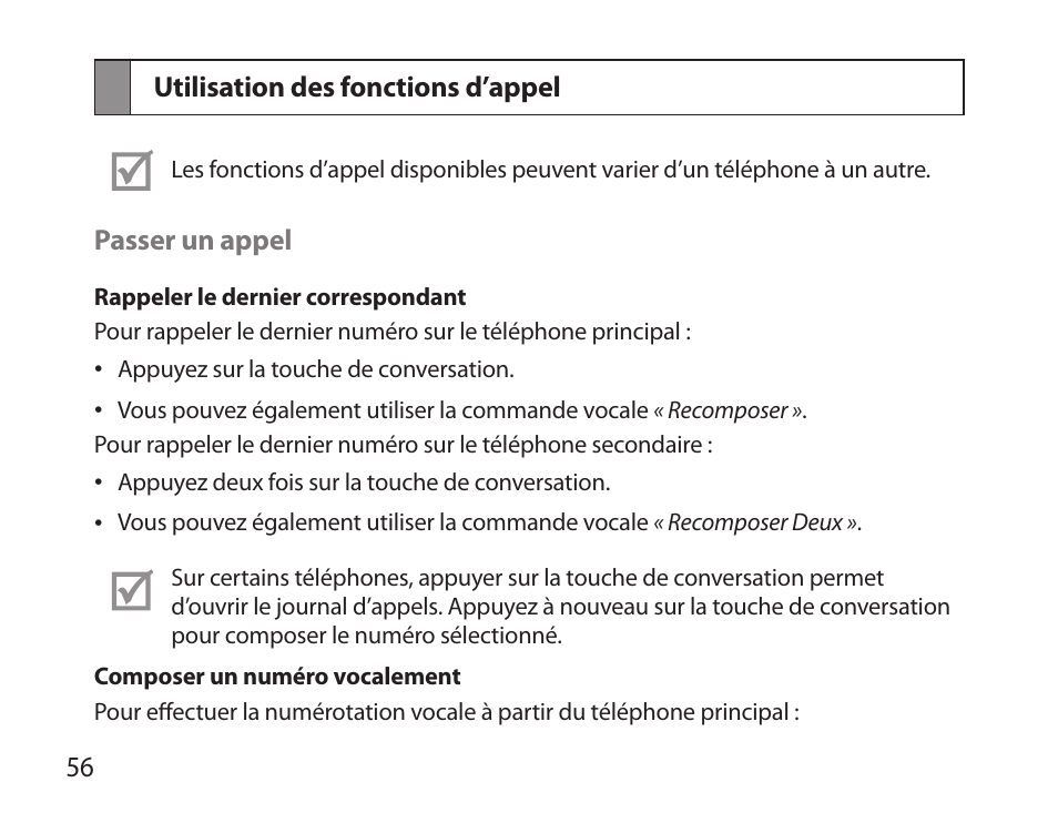 Utilisation des fonctions d’appel | Samsung BHS6000 User Manual | Page 58 / 184