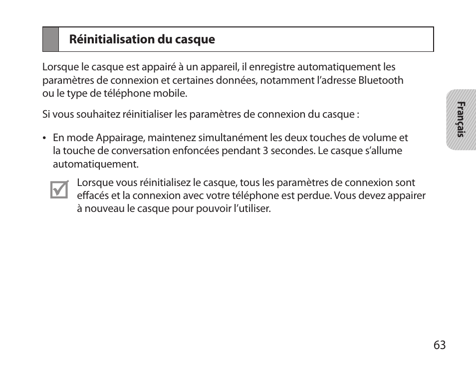 Réinitialisation du casque | Samsung BHS6000 User Manual | Page 65 / 184