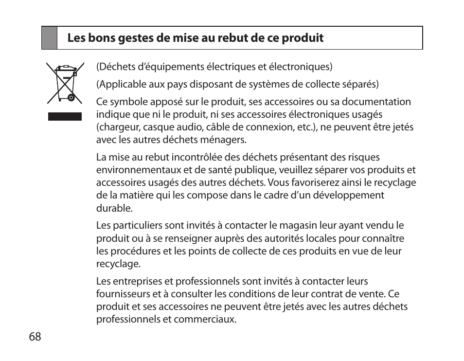 Les bons gestes de mise au rebut de ce produit | Samsung BHS6000 User Manual | Page 70 / 184