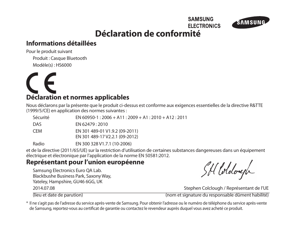Déclaration de conformité, Informations détaillées, Déclaration et normes applicables | Représentant pour l’union européenne | Samsung BHS6000 User Manual | Page 72 / 184