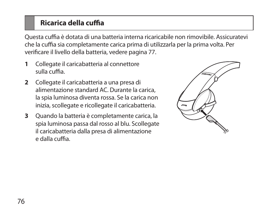 Ricarica della cuffia | Samsung BHS6000 User Manual | Page 78 / 184