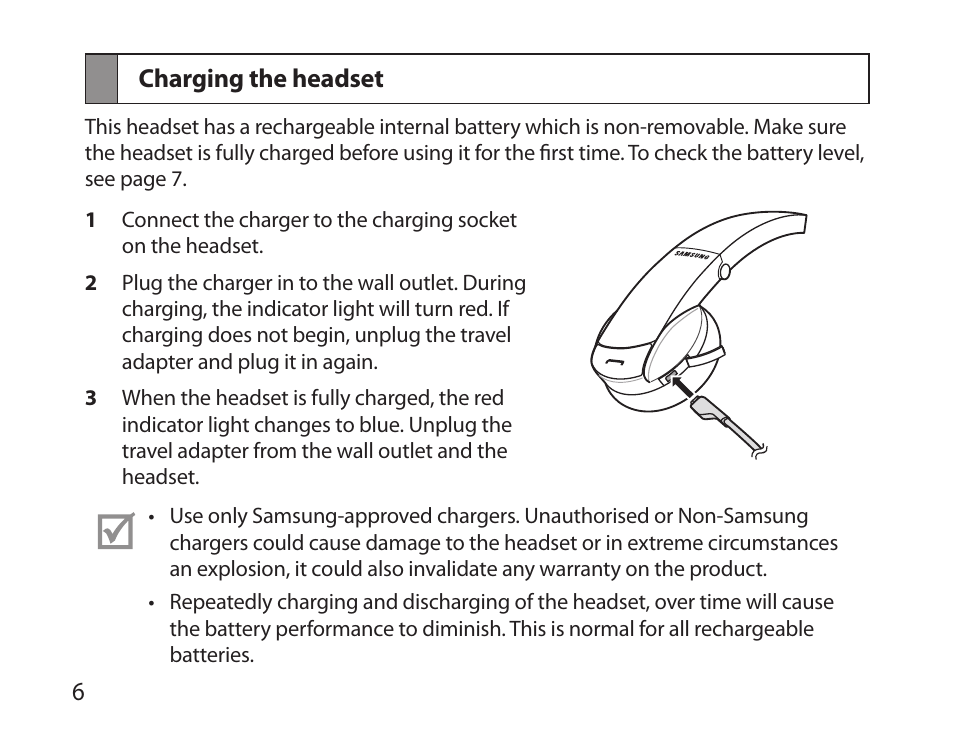 Charging the headset | Samsung BHS6000 User Manual | Page 8 / 184