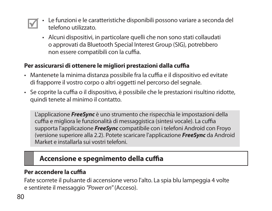 Accensione e spegnimento della cuffia | Samsung BHS6000 User Manual | Page 82 / 184
