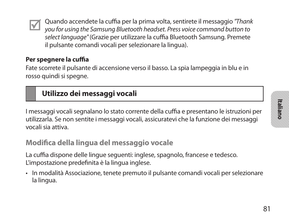 Utilizzo dei messaggi vocali | Samsung BHS6000 User Manual | Page 83 / 184