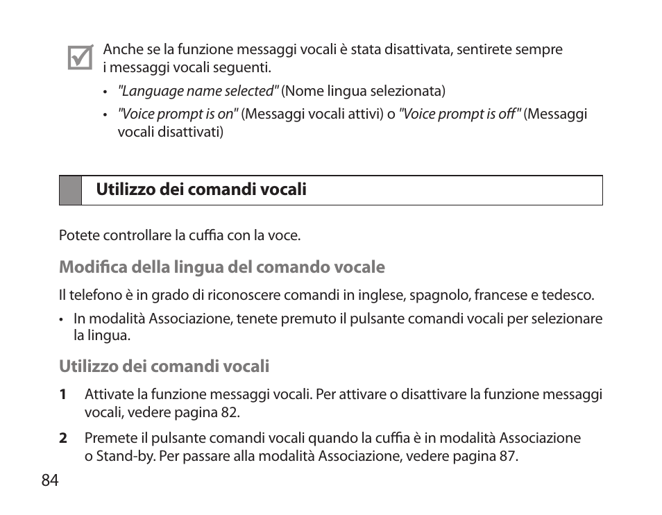 Utilizzo dei comandi vocali | Samsung BHS6000 User Manual | Page 86 / 184