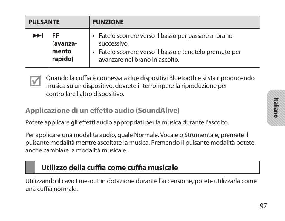 Utilizzo della cuffia come cuffia musicale | Samsung BHS6000 User Manual | Page 99 / 184