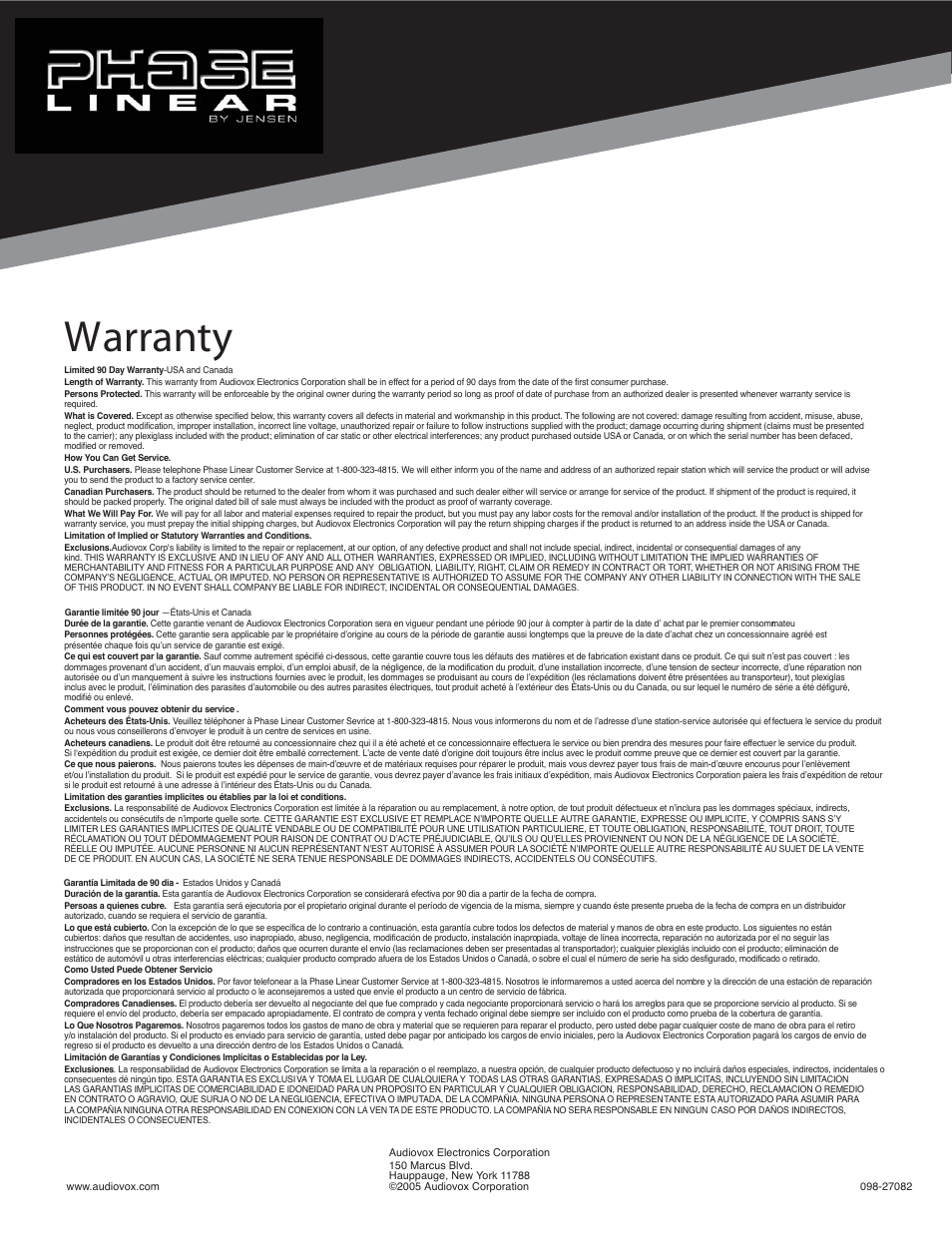 Warranty | Audiovox ULS369 User Manual | Page 10 / 10