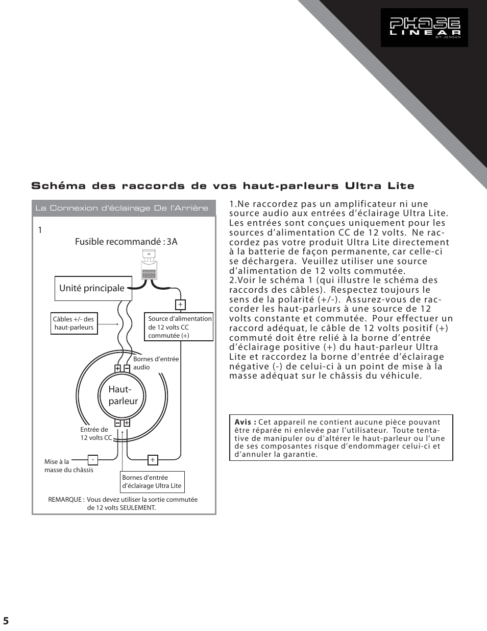 Unité principale haut- parleur, Fusible recommandé : 3a | Audiovox ULS369 User Manual | Page 6 / 10