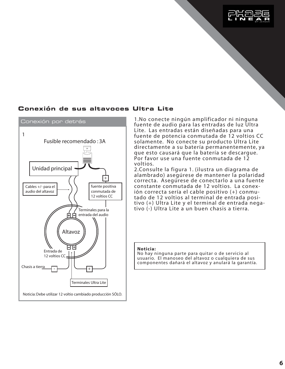 Unidad principal altavoz, Fusible recomendado : 3a | Audiovox ULS369 User Manual | Page 7 / 10