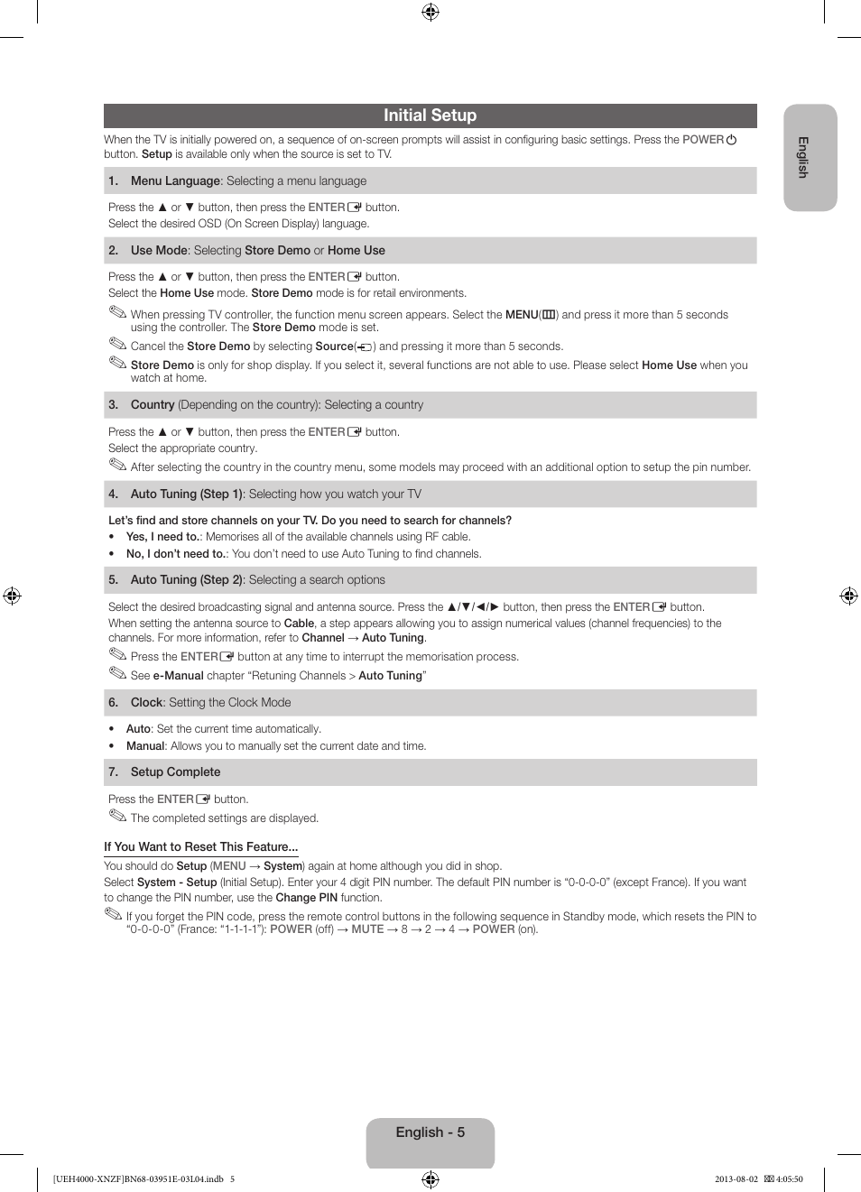 Initial setup | Samsung UE32EH4000W User Manual | Page 5 / 49