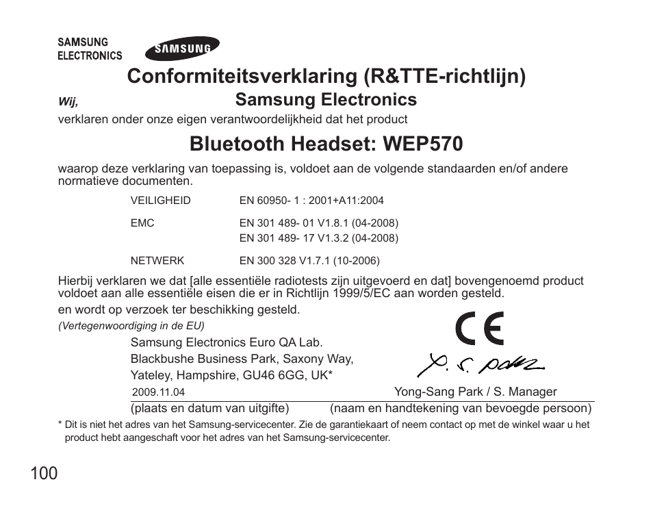 Conformiteitsverklaring.(r&tte-richtlijn), Bluetooth.headset:.wep570, Samsung.electronics | Samsung WEP570 User Manual | Page 103 / 103
