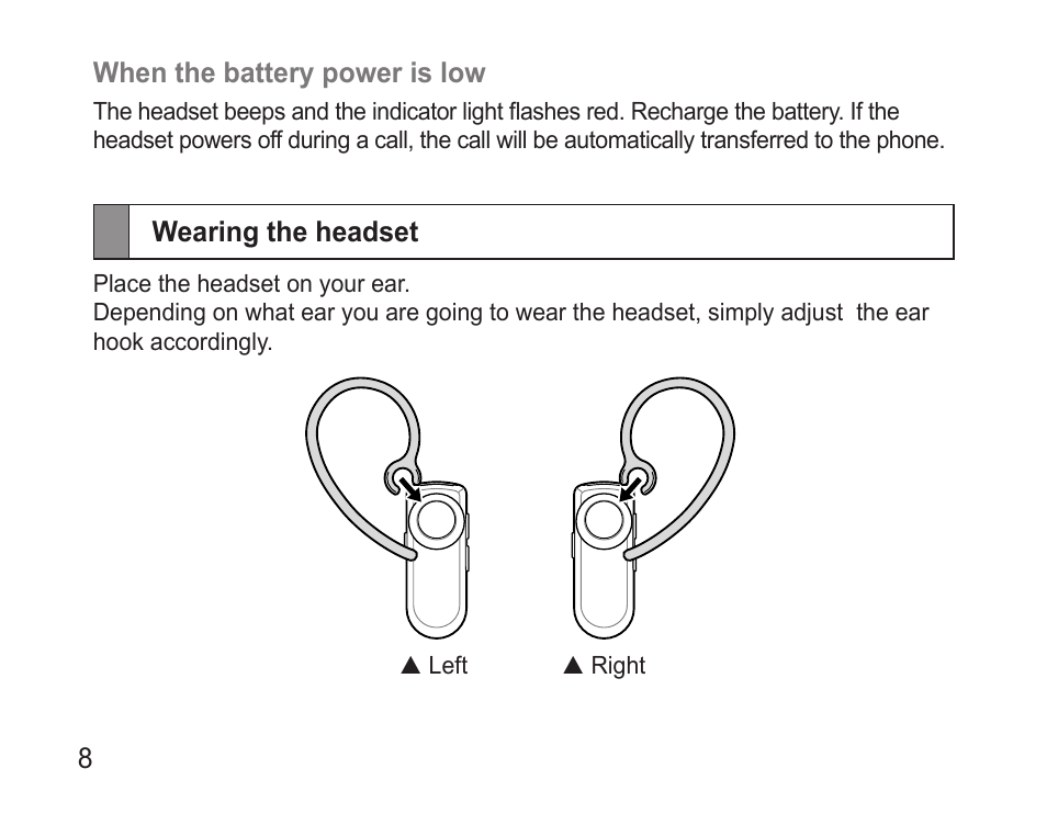 Wearing the headset | Samsung WEP570 User Manual | Page 11 / 103