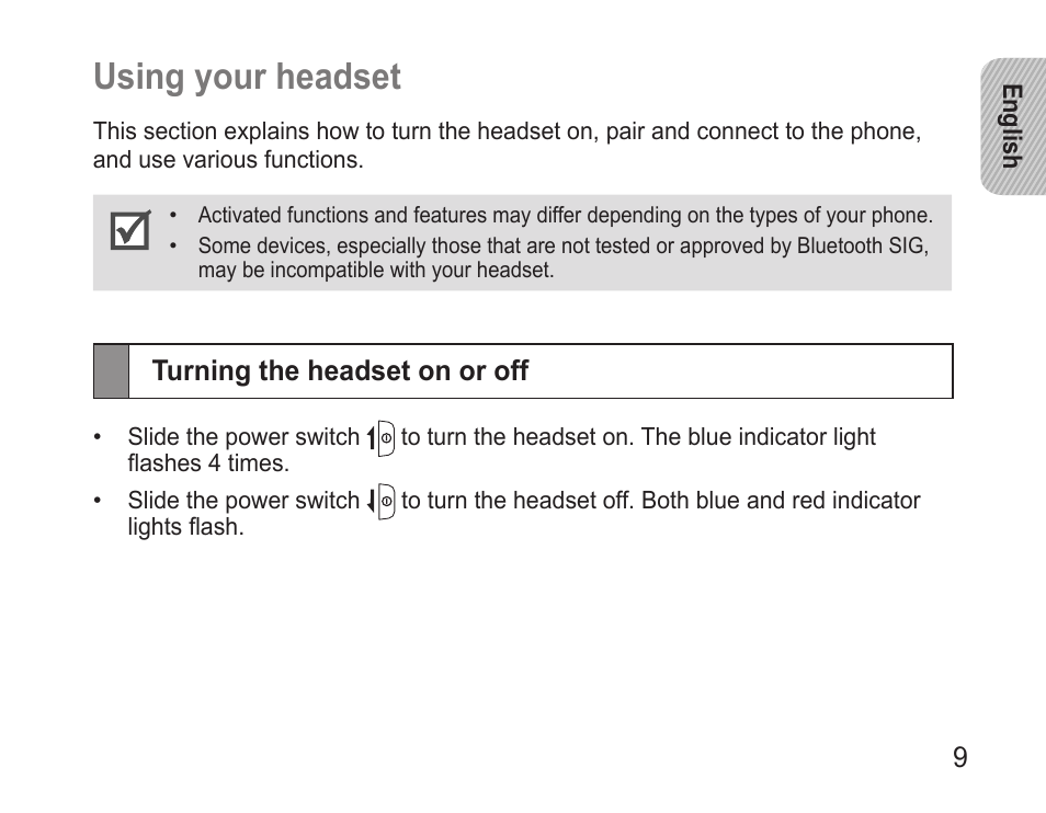 Using your headset, Turning the headset on or off, Using.your.headset | Samsung WEP570 User Manual | Page 12 / 103