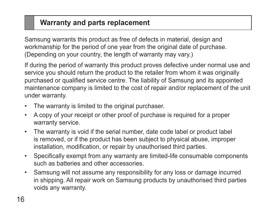 Warranty and parts replacement | Samsung WEP570 User Manual | Page 19 / 103