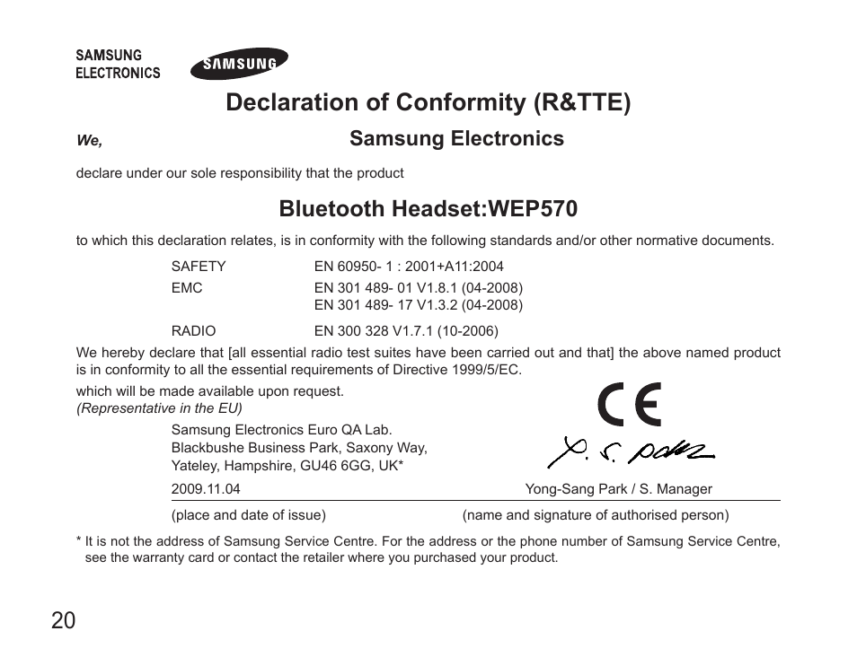 20 declaration.of.conformity.(r&tte), Bluetooth.headset:wep570, Samsung.electronics | Samsung WEP570 User Manual | Page 23 / 103