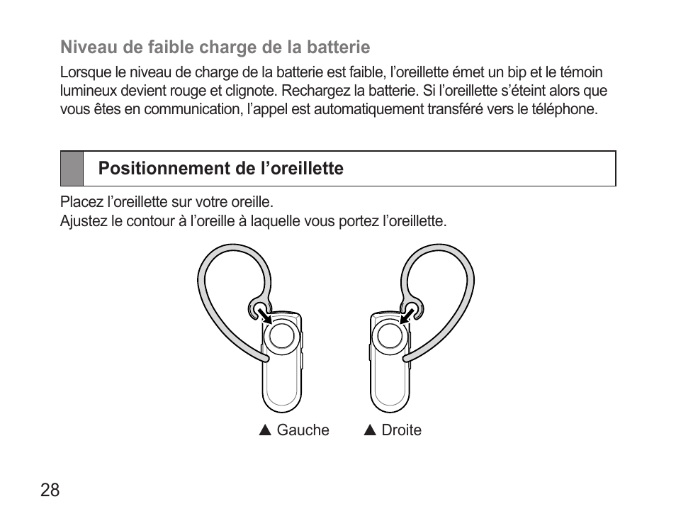Positionnement de l’oreillette | Samsung WEP570 User Manual | Page 31 / 103
