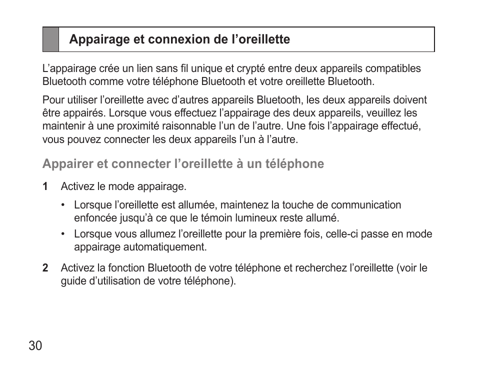 Appairage et connexion de l’oreillette | Samsung WEP570 User Manual | Page 33 / 103