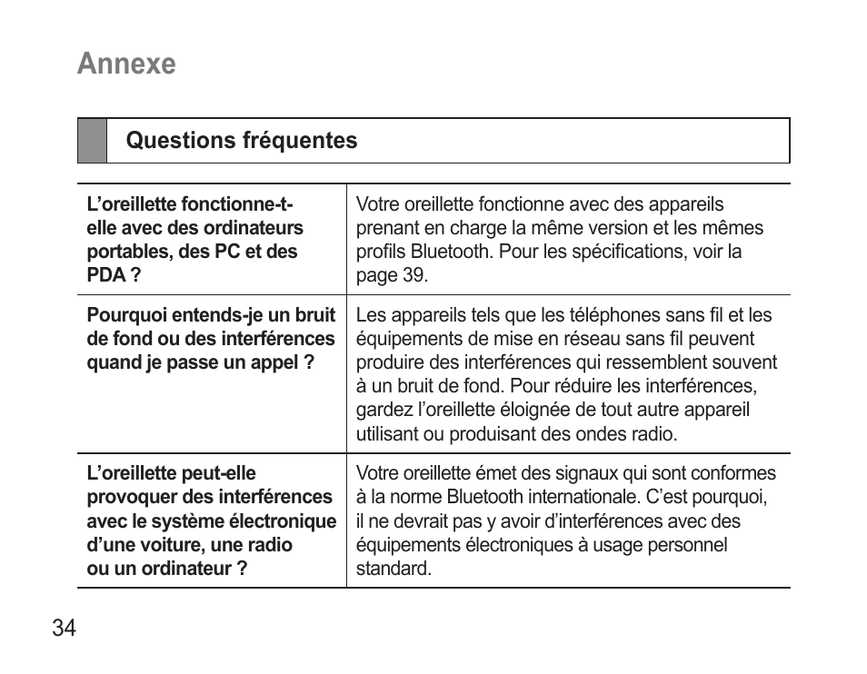 Annexe, Questions fréquentes | Samsung WEP570 User Manual | Page 37 / 103