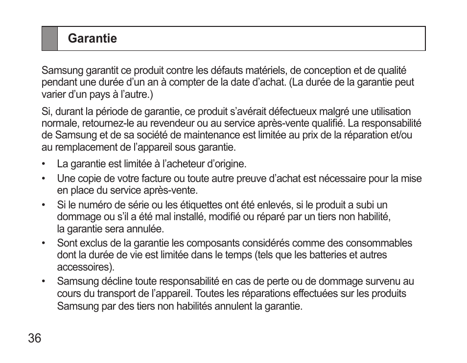 Garantie | Samsung WEP570 User Manual | Page 39 / 103