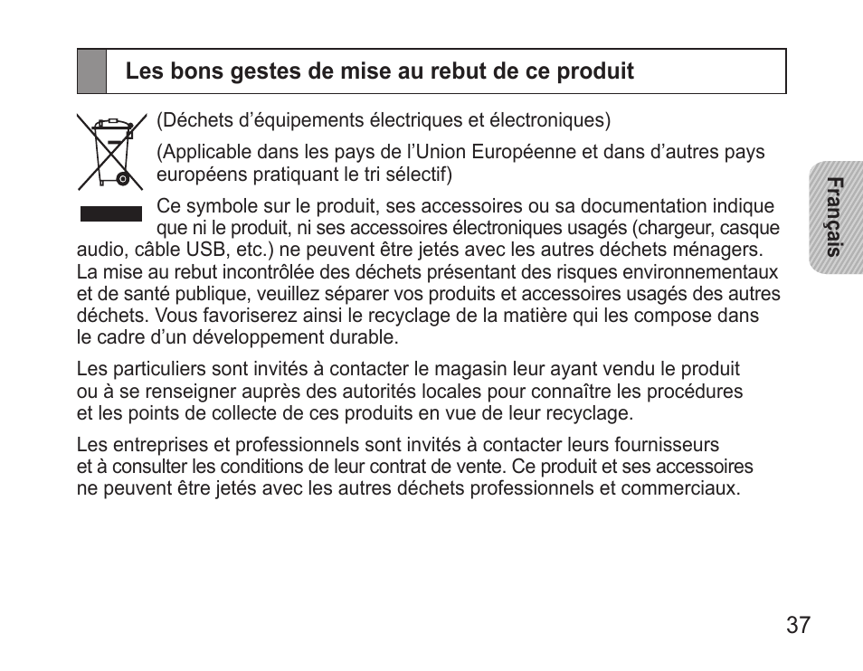 Les bons gestes de mise au rebut de ce produit | Samsung WEP570 User Manual | Page 40 / 103