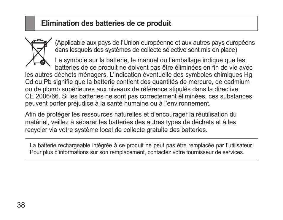 Elimination des batteries de ce produit | Samsung WEP570 User Manual | Page 41 / 103